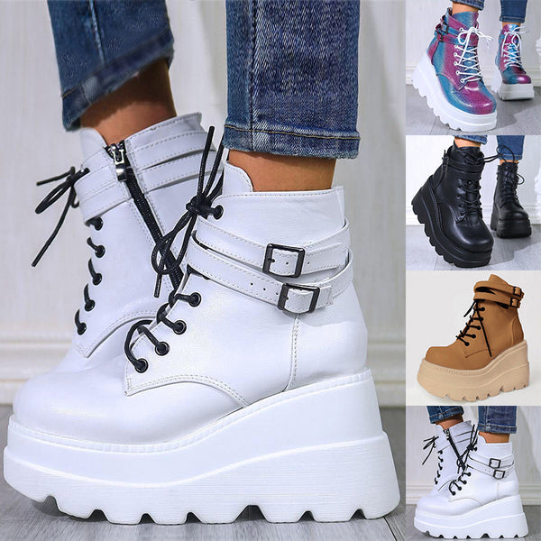 Womens Ladies Winter Mid Calf Boots Platform Boots Combat Booties Zipper Lace Up