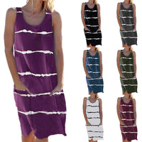 Women Striped Beach Slip Skirt Knee Length Sleeveless Round Neck Dress Plus Size