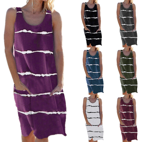Women Striped Beach Slip Skirt Knee Length Sleeveless Round Neck Dress Plus Size