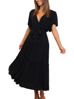 Women's Solid Color Dress Long Short Sleeve Lace Up V Neck Comfortable Dresses