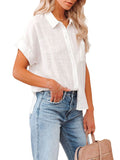 Women Lapel Top Short Sleeve Solid Color T-Shirt Blouse Casual Pullover Button