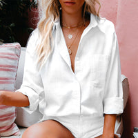 Women's Solid Long Sleeve Shirt Tops Casual Loose Pocket Cardigan Blouse Tunic