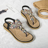 Women's Flat Sandals T-Strap Boho Style Rhinestone Flower Bead Summer Sandals