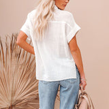 Women Solid Color Lapel Top Short Sleeve T-Shirt Blouse Casual Pullover Button