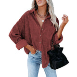 Women's Solid Color Lapel Long Corduroy Sleeve T-Shirt Pullover Blouse Tops Tee