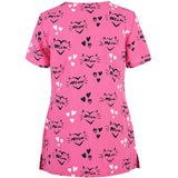 Women Floral Printed Short Sleeve Scrub Tops Loose Casual Pockets Workwear T Shirt