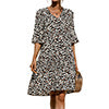 Ladies V-neck Flared Short Sleeves Cake Splicing Color Printed Casual Midi Dress