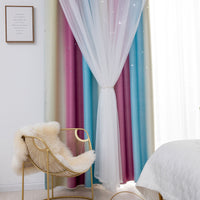 Double Layer Gradient Blackout + Sheer Curtains Starry Hollow-Out Stars Curtain Room Darkening Starry Curtain Eyelet Ring Top Window Drape for Kids Girls Children Bedroom Decor