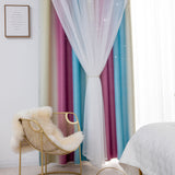 Double Layer Gradient Blackout + Sheer Curtains Starry Hollow-Out Stars Curtain Room Darkening Starry Curtain Eyelet Ring Top Window Drape for Kids Girls Children Bedroom Decor