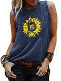 Women's Round Neck Sleeveless Loose Tank Sunflower Printed Pullover Hips Length