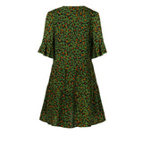 Ladies V-neck Flared Short Sleeves Cake Splicing Color Printed Casual Midi Dress