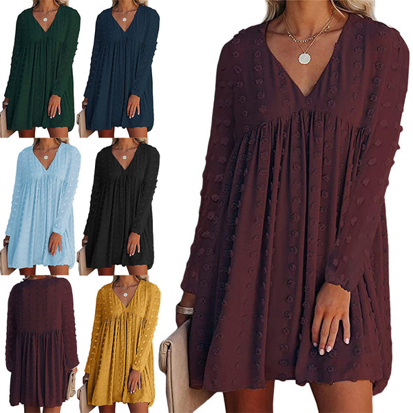 Women's Solid Color V-Neck Mini Dresses Casual Long Sleeve A-Line Dresses Ruched