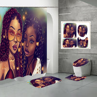 4Pcs/Set African Girl Shower Curtain Sets with 12 Hooks, Non-Slip Bath Mat, Pedestal Rug, Toilet Lid Cover, Bathroom Decor Christmas Gift