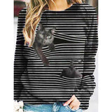 Women 3D Animal Patterns Stripes Design Long Sleeve T-shirt Crew Neck Loose Tops