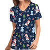 Women Christmas Floral Print Uniform Scrub Pockets Tops Work V Neck Wear Shirt