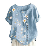 Women Crew Neck T-Shirt Daisy Printing Ruffles Short Sleeve Top Blouse Pullover