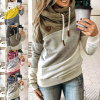 Women Solid Color Splicing Hoodie Long Sleeve Hooded Sweater Blouse Pullover Top