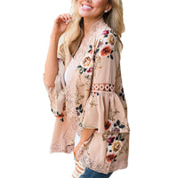 Lady Lace Hollow Flowers Flared Sleeve Open Front Outwear Casual Light Smock Top