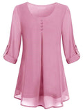 Women's Adjusted 3/4 Sleeve Crew-Neck Chiffon Shirt Casual Loose Pullover Blouse