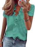 Women Ruffle Blouse Shirts Short Sleeve V-Neck Shirt Basic Summer Fashion Tops