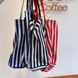 Striped Canvas Beach Tote Casual Daily Travel Shoulder Bag Handbag Shopping Bag