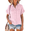 Women Solid Color Lapel Top Short Sleeve T-Shirt Blouse Casual Pullover Button
