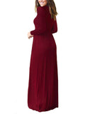 Women Tunic Waist Full Length Dress Solid Color Scoop Neck Slim Fit Long Sleeve