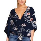 Women's Blouse Half Sleeve Printed Tie Cotton Top Beach Wear Deep V Neck Loose Shirt