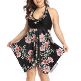 Women Plus Size Floral Swimdress Swimming Costumes Two Piece Swimwear Swimsuit for Ladies, Halterneck Bathing Suit Beachwear Push Up Padded Bra Backless Tummy Control