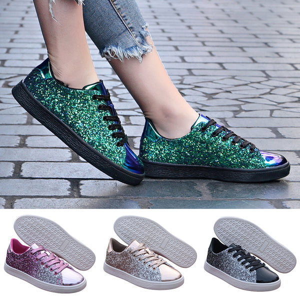 Women Breathable With Sequins Low Top Lace Up Sneakers Multi-color Single Shoes