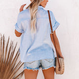 Women Short Sleeve Solid Color T-Shirt Blouse Lapel Buttons Casual Pullover