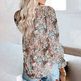Women's Floral Print V Neck Loose Fit Long Lantern Sleeve T Shirts Pullover Tops
