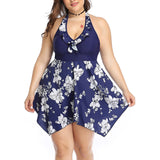 Women Plus Size Floral Swimdress Swimming Costumes Two Piece Swimwear Swimsuit for Ladies, Halterneck Bathing Suit Beachwear Push Up Padded Bra Backless Tummy Control