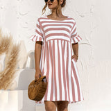 Women Fashion Skirt Striped Printed Short Sleeve Round Neck Casual Dress Ruffles
