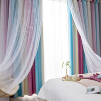 Double Layer Gradient Blackout + Sheer Curtains Starry Hollow-Out Stars Curtain Room Darkening Starry Curtain Eyelet Ring Top Window Drape for Kids Girls Children Bedroom Decor