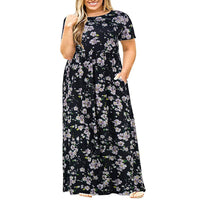 Womens Floral Printed Crew Neck Maxi Dresses Short Sleeves Plus Size Swing Dress