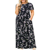 Womens Floral Printed Crew Neck Maxi Dresses Short Sleeves Plus Size Swing Dress