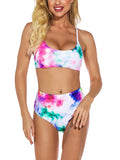 Women Tie Dye Two Piece Bikini Set High Waist Padded Swimsuit Swimwear Beachwear