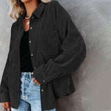 Women's Solid Color Lapel Long Corduroy Sleeve T-Shirt Pullover Blouse Tops Tee