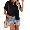 Women Solid Color Lapel Top Short Sleeve T-Shirt Blouse Casual Pullover Button
