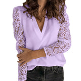 Womens V-Neck Lace Stitching Long Sleeve Casual Pullover Tops Blouse Basic Shirt