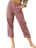 Women Ladies Solid Cotton Linen Pants Pocket Button Loose Ladies Casual Trousers