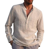 Men Solid Color Stand-Up Collar Shirt Blouse Casual Long Sleeve Top Tunic Pocket