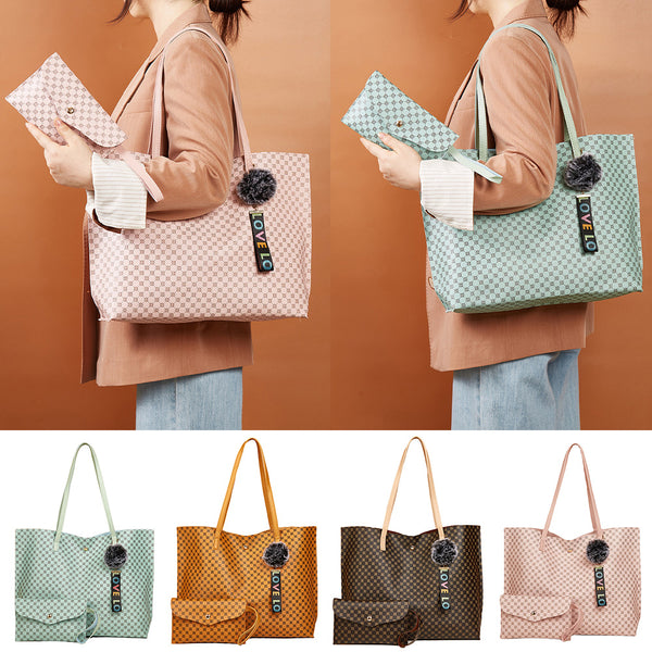 Women PU Leather Tote Shoulder Bag Handbag Satchel Purse With Clutch Bag Pom Pom