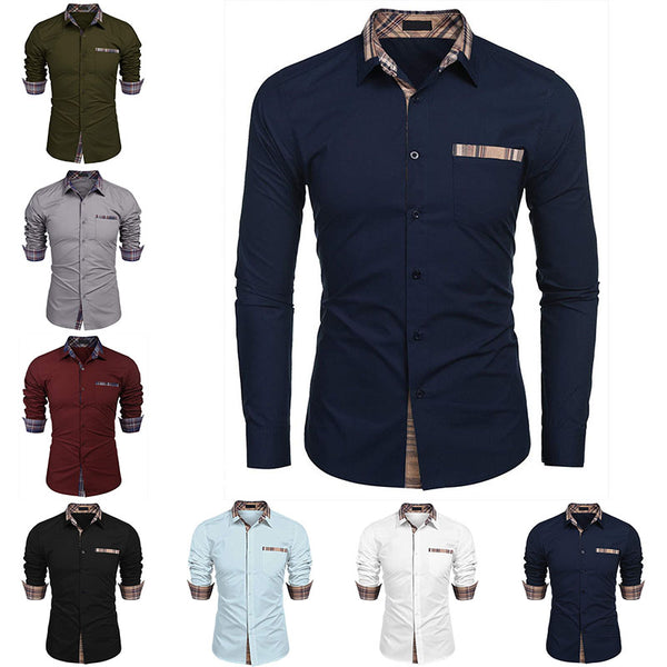Men Plaid Color Long Sleeve Shirt Casual Slim Fit T-Shirt Tee Blouse Button-Down