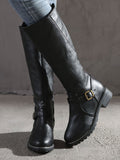 Women PU Leather Buckle Strap Design Boots Chunky Heel Zipper Casual Comfy Biking Boots