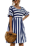 Women Fashion Skirt Striped Printed Short Sleeve Round Neck Casual Dress Ruffles